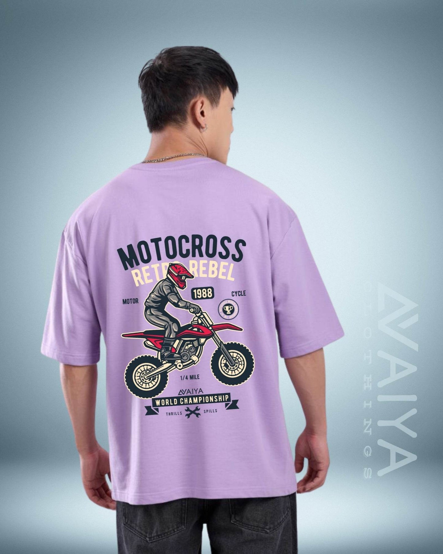 Motocross Retro Rebel Oversized T-Shirt | Lavender | Premium Quality by AvaiYa | Unisex - Avaiya Clothings