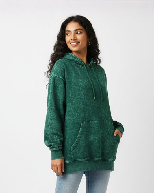 Plain Bottle Green Acid Washed Hoodie | For Man And Woman