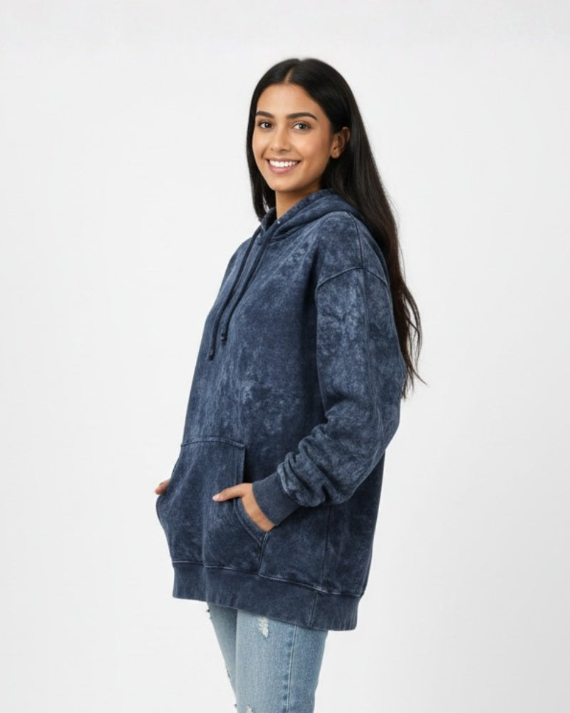 Plain Navy Blue Acid Washed Hoodie | For Man And Woman