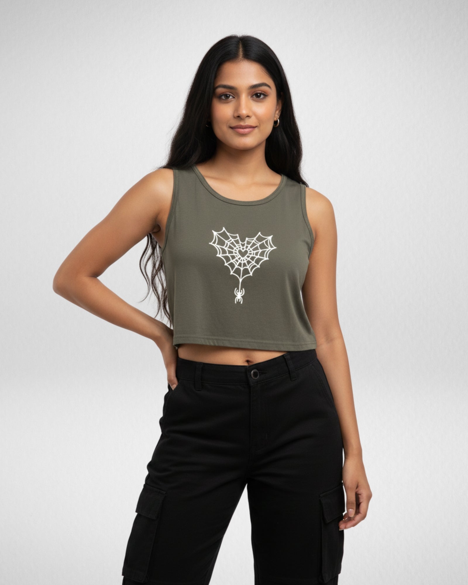 Heart Spider Web | Women’s Crop Tank | Olive Green
