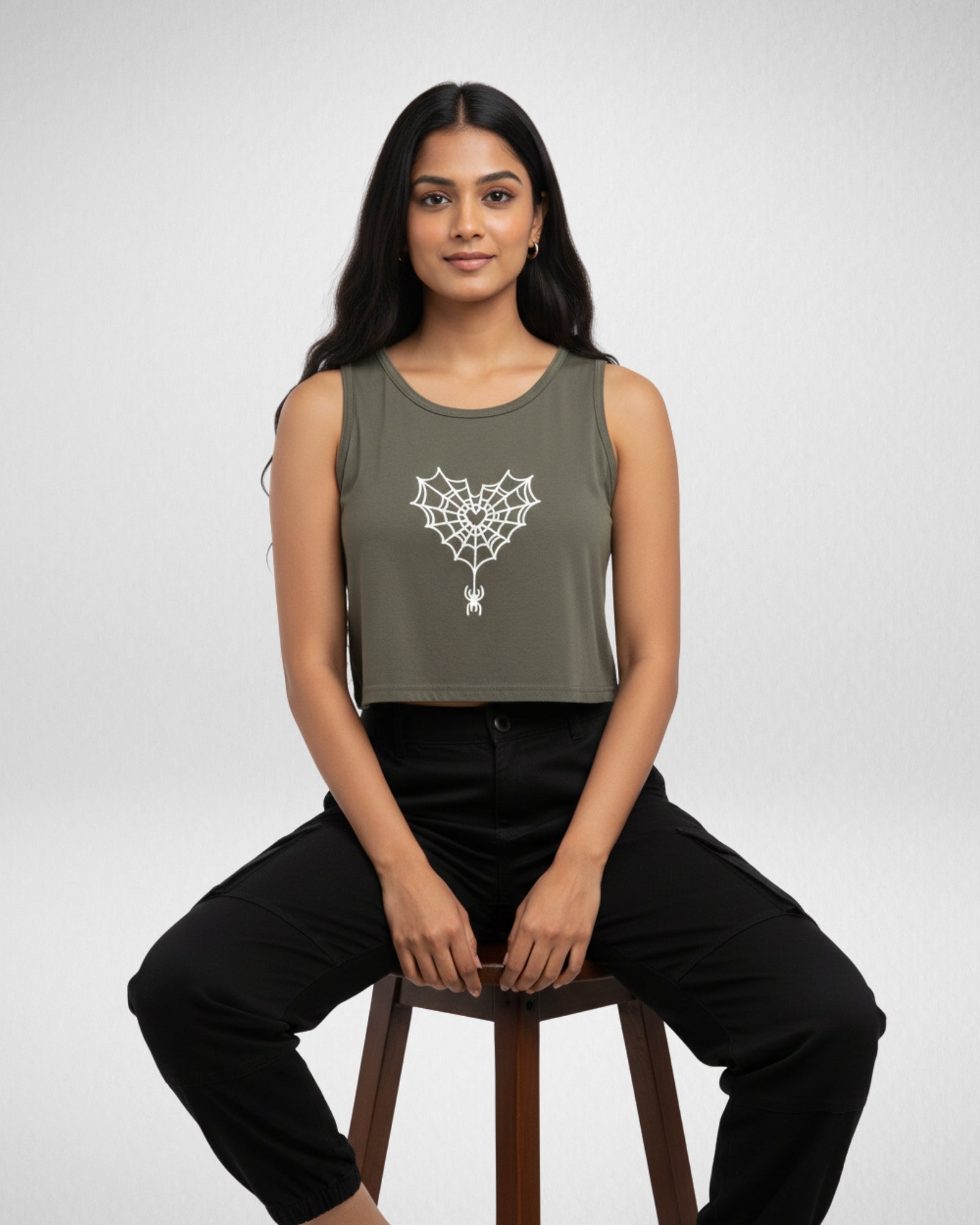 Heart Spider Web | Women’s Crop Tank | Olive Green